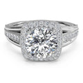 Direct top view of a 4 CT round cut lab grown diamond engagement ring with cushion-shaped milgrain halo and split-shoulder band.