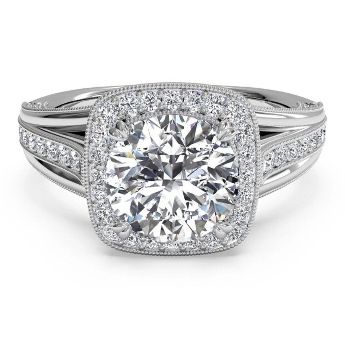 Direct top view of a 4 CT round cut lab grown diamond engagement ring with cushion-shaped milgrain halo and split-shoulder band.