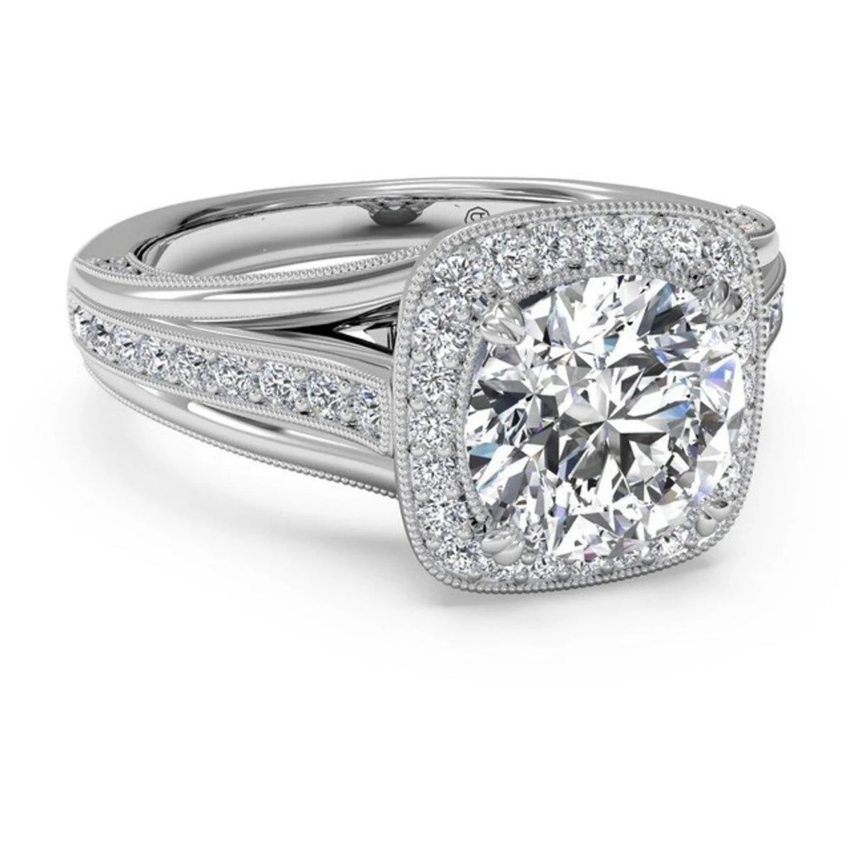 Alternate three-quarter perspective angle of a 4 carat round lab grown diamond halo ring with detailed milgrain split band.