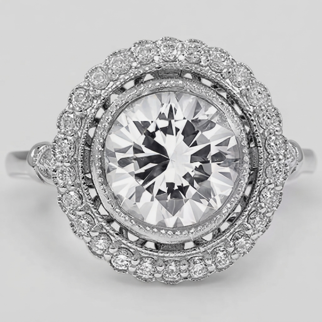 Top-down close-up view of a brilliant 3 CT round lab grown diamond surrounded by a milgrain bezel and halo of micro-pave diamonds.