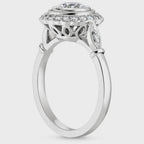 Detailed side profile showing the intricate scrollwork basket and high-polish band of a 3 CT round lab diamond ring.