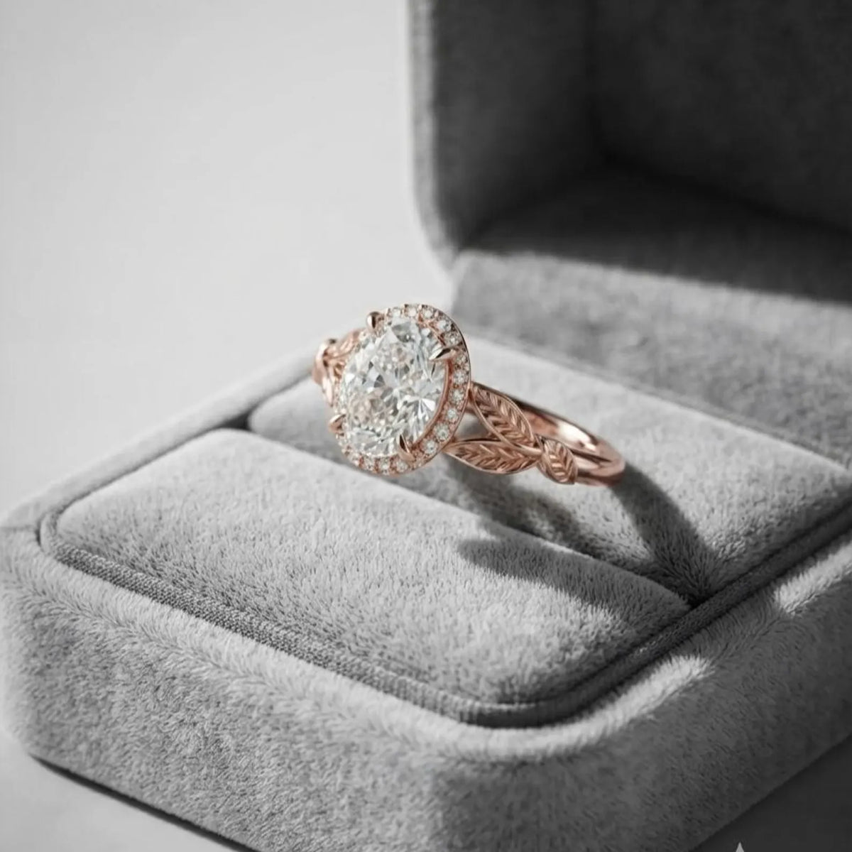 2 carat oval cut lab diamond halo ring with botanical leaf band resting inside a grey velvet jewelry box.