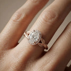 2 CT Oval Cut Lab Grown Diamond Halo Engagement Ring with Leaf Engraved Band
