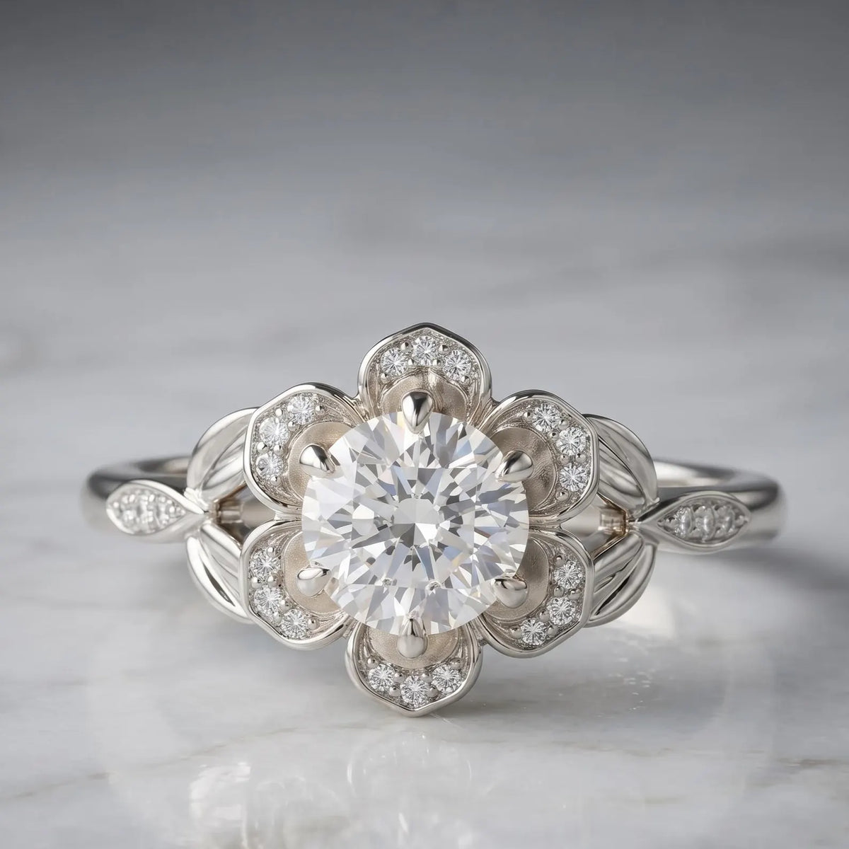 Studio shot of a 3 CT round cut lab grown diamond set in a white gold floral blooming petal halo setting.