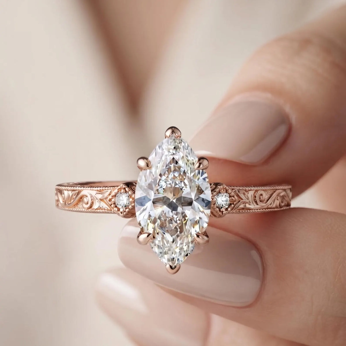 Close-up of hand holding a 3 CT marquise lab diamond engagement ring with detailed milgrain scrollwork.