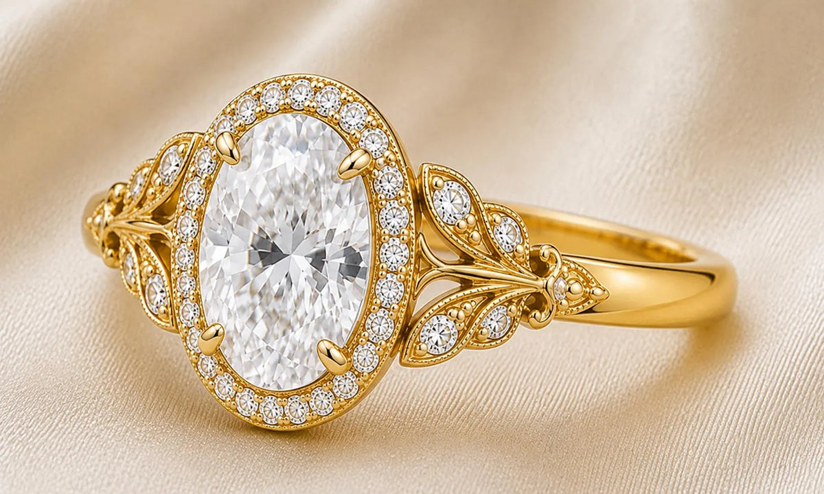 Macro view of a 3 CT oval lab grown diamond halo ring in yellow gold with sculpted leaf filigree shoulders.