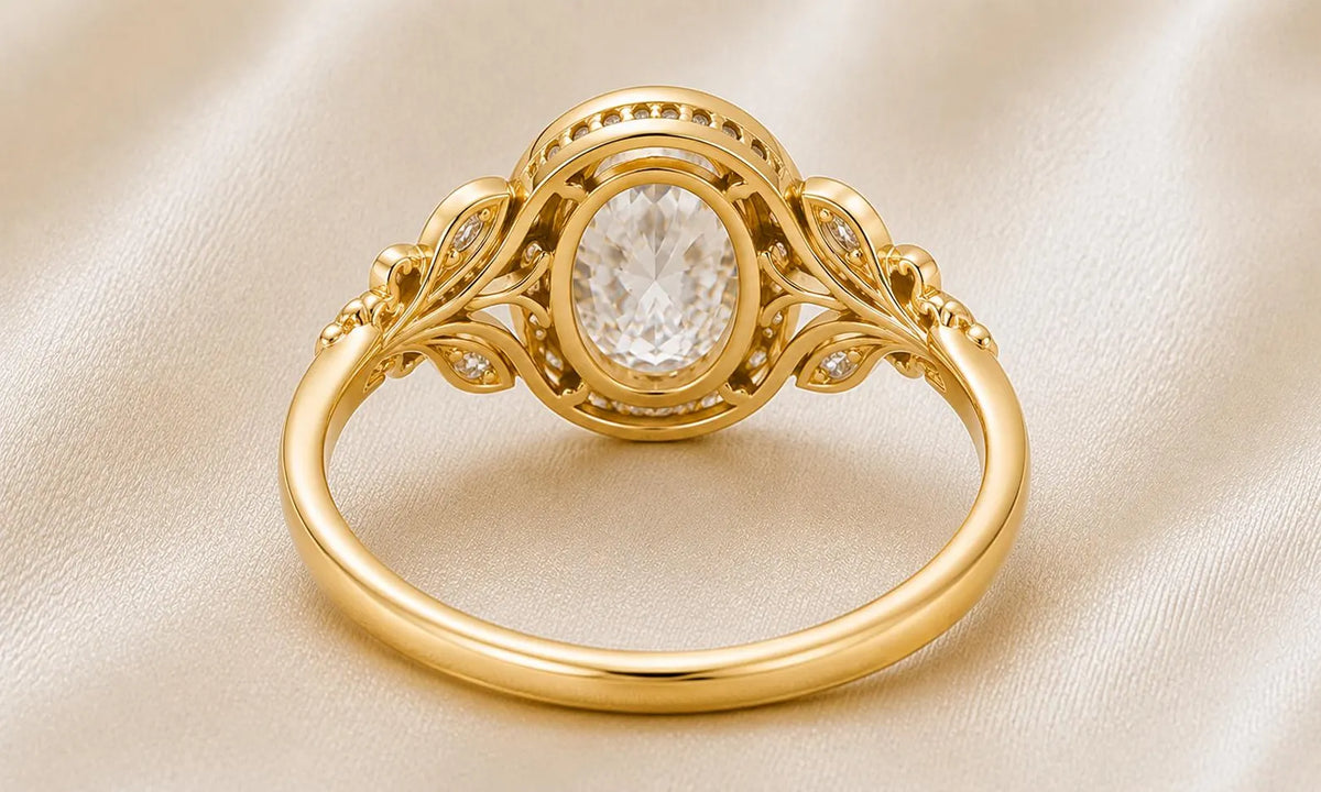 Underside gallery view of a yellow gold 3 CT oval lab diamond halo ring showing smooth comfortable inner band.