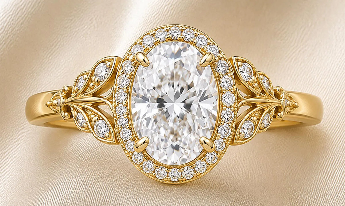 Direct top-down view of a 3 carat oval lab diamond ring with micro-pave halo and vintage leaf motif band.