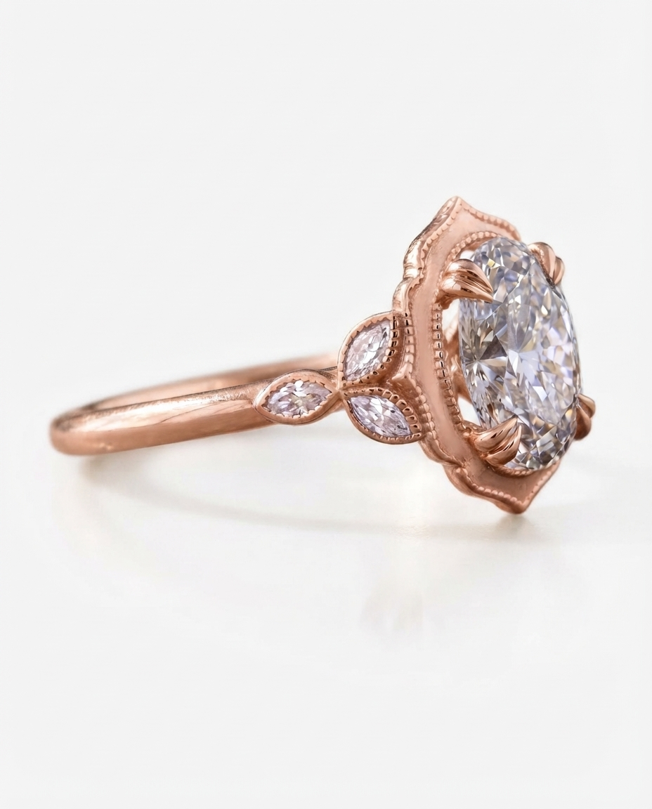 Side profile of a 4 CT oval lab grown diamond ring in rose gold showing the ornate scalloped bezel and side cluster.