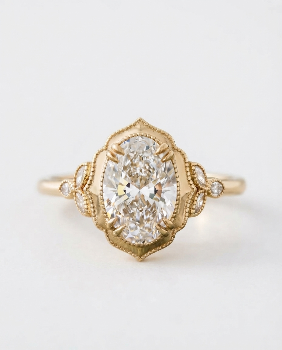 Top view of a 4 CT oval lab grown diamond in a scalloped milgrain halo setting with double claw prongs in yellow gold.