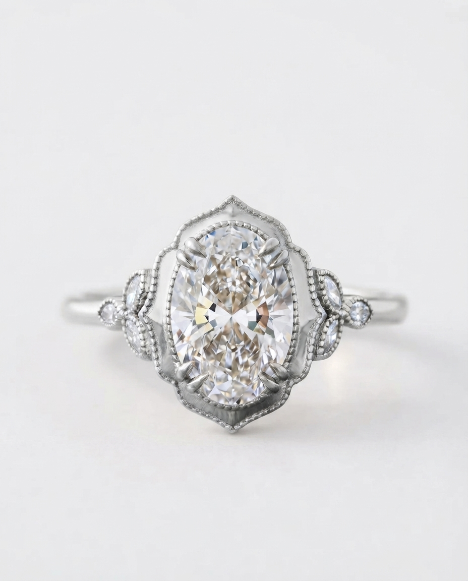 Top view of a 4 CT oval lab grown diamond ring in white gold featuring a vintage scalloped frame and marquise side clusters.