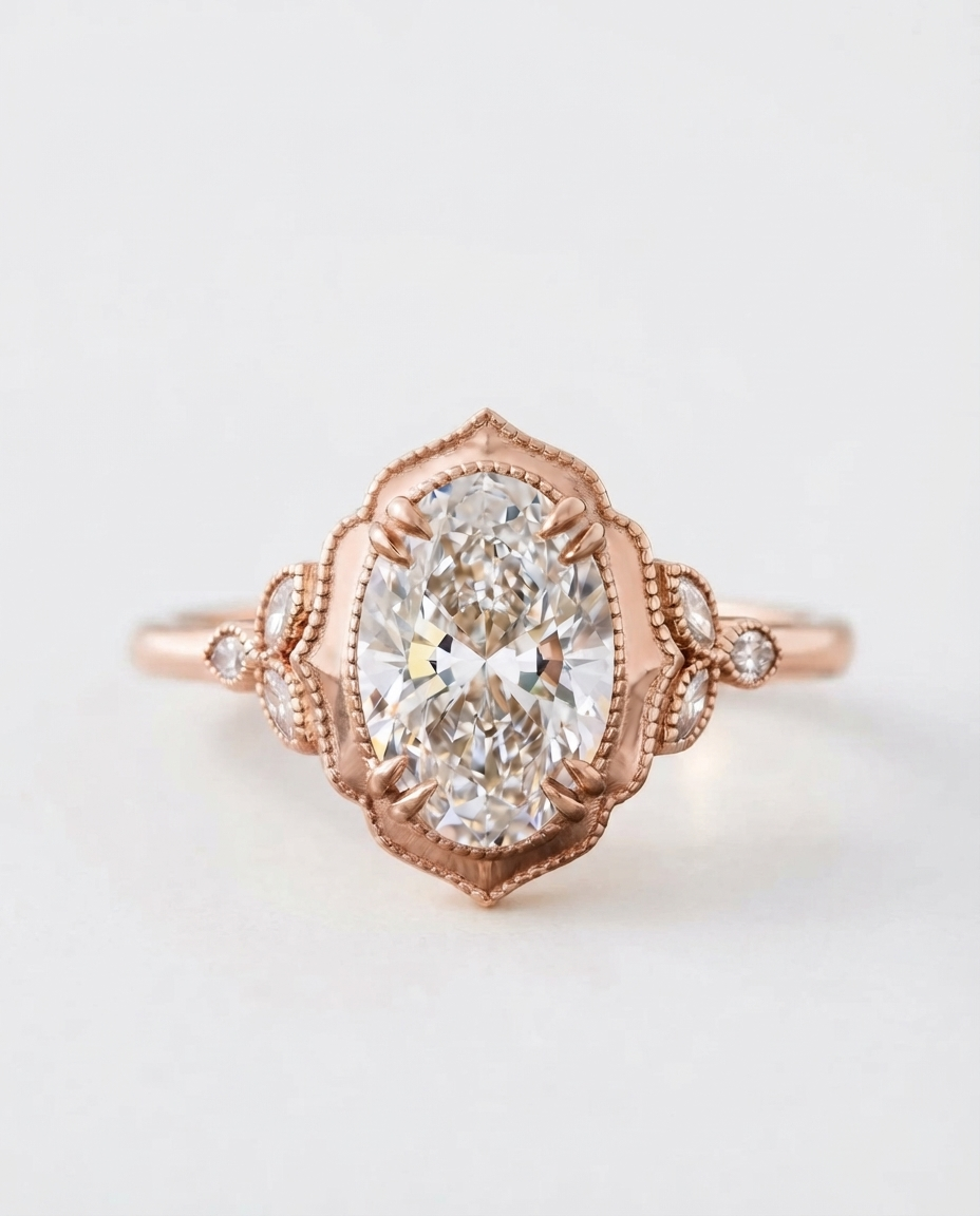 Top view of a 4 CT oval lab grown diamond vintage scalloped halo ring in rose gold.