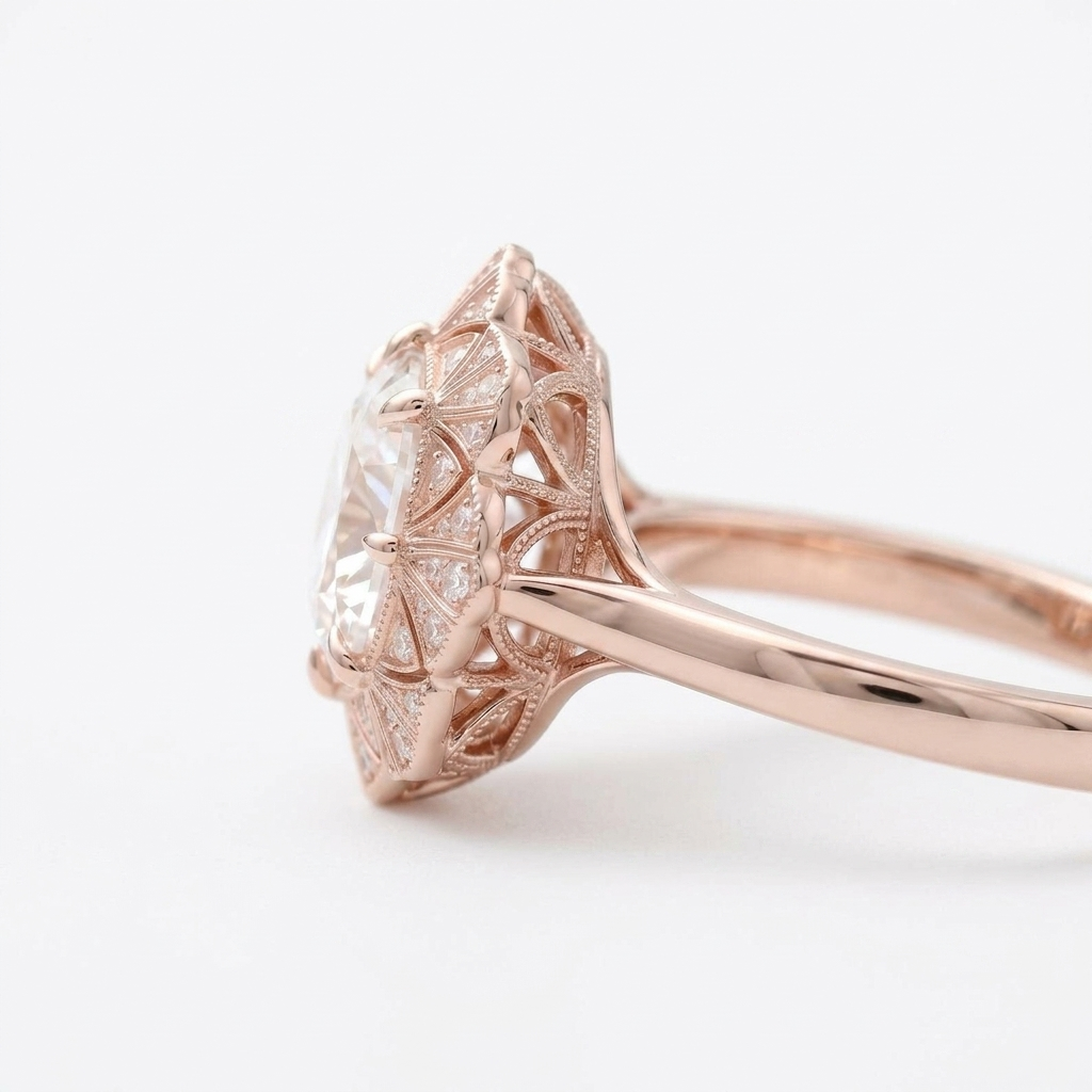 Side profile of a 4 CT cushion cut lab grown diamond ring in rose gold showing the intricate filigree basket and fan halo.
