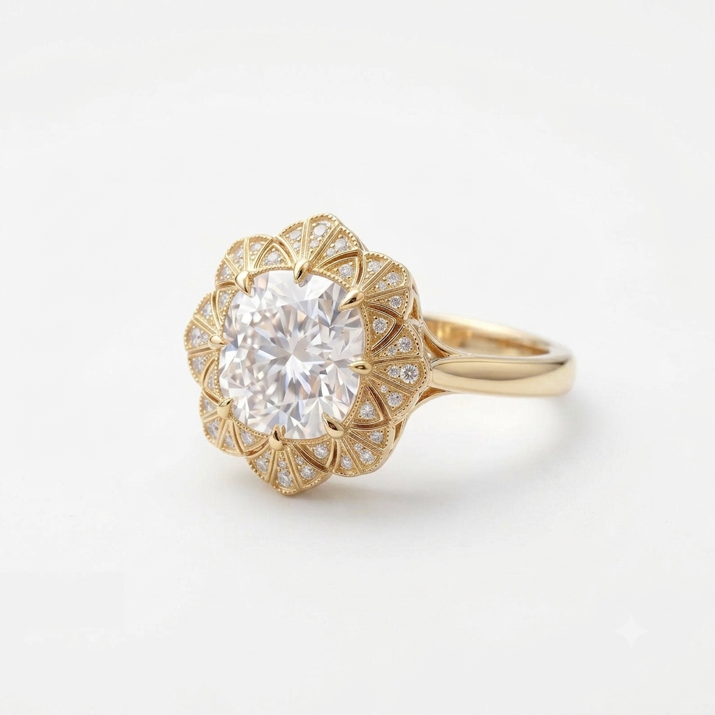 Three-quarter perspective of a 4 CT cushion lab grown diamond vintage engagement ring in yellow gold.