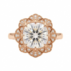 Top view of a 4 CT cushion cut lab grown diamond set in a vintage floral fan halo ring in rose gold.
