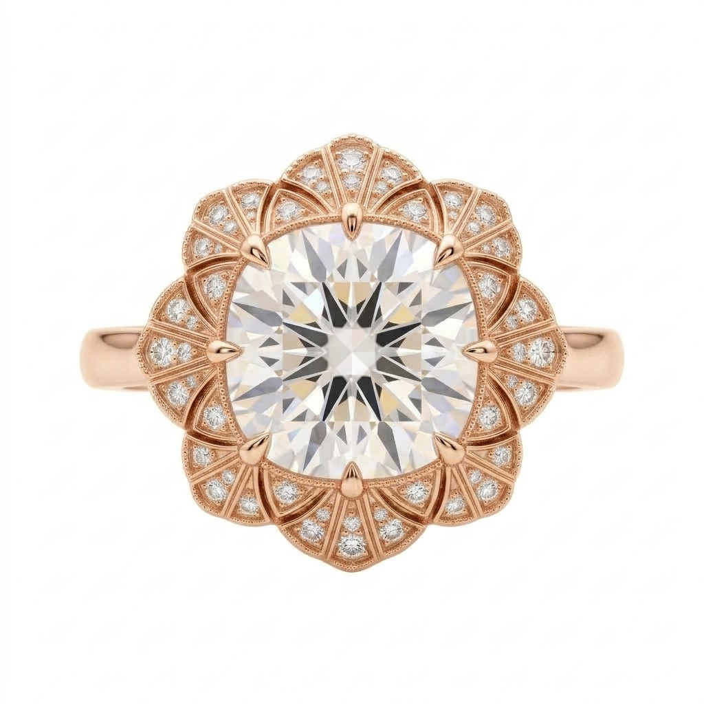 Top view of a 4 CT cushion cut lab grown diamond set in a vintage floral fan halo ring in rose gold.