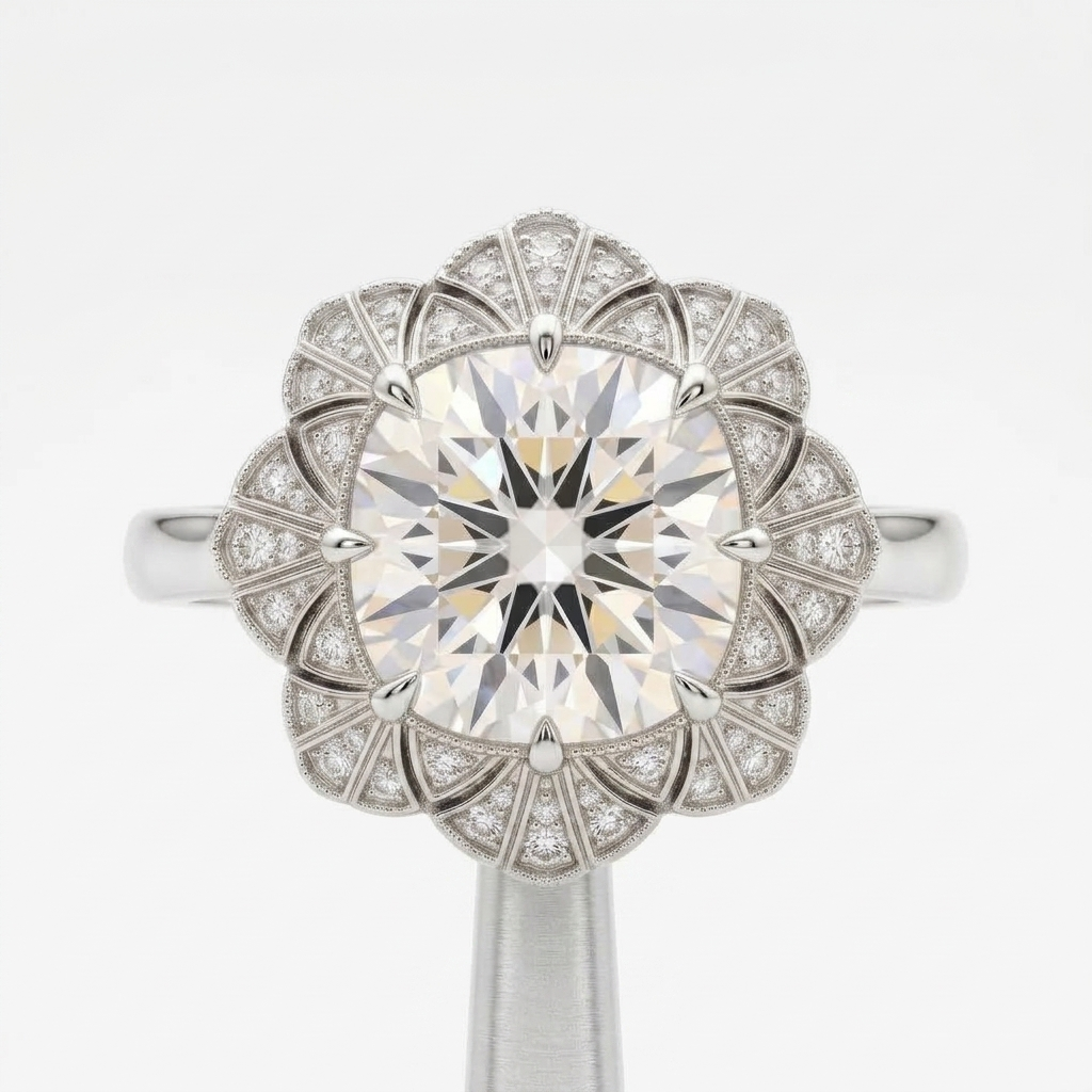 Top-down view of a 4 CT cushion cut lab diamond in a vintage geometric fan halo setting in white gold.