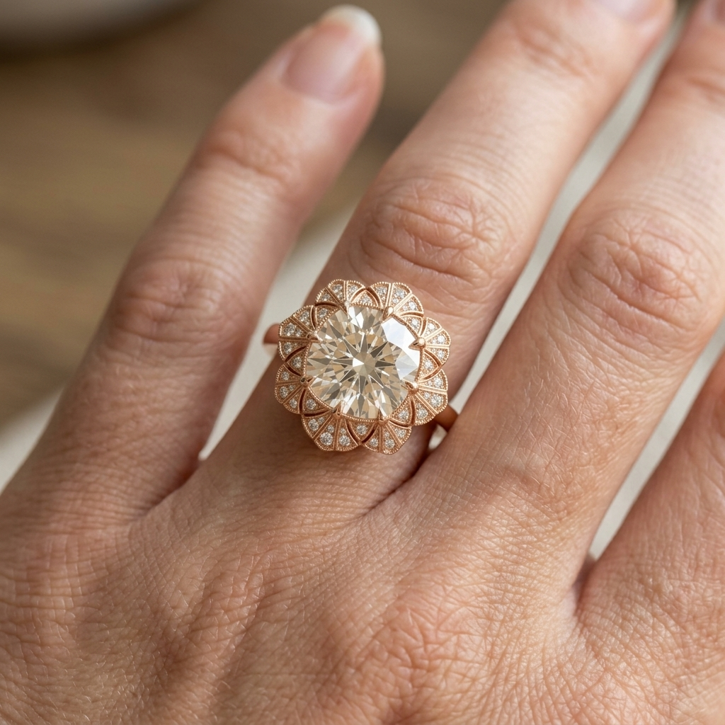 On-hand view of a 4 CT cushion cut lab grown diamond vintage floral halo engagement ring in rose gold.