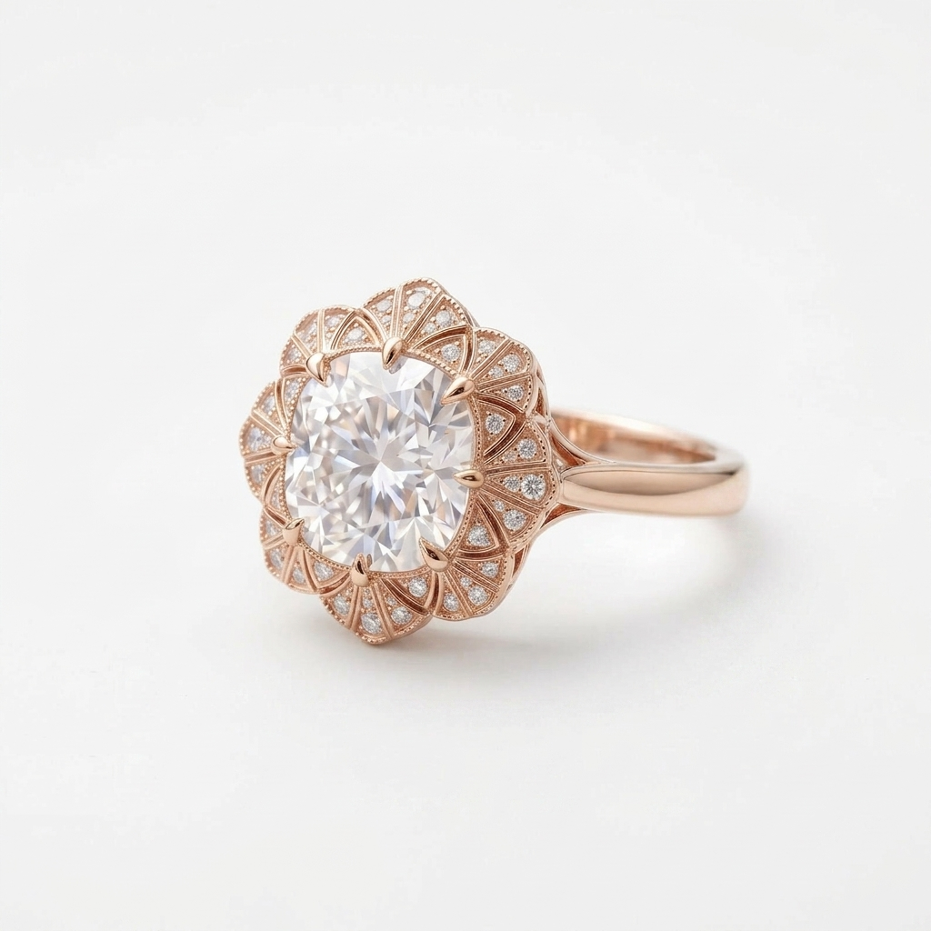Three-quarter view of a 4 CT cushion cut lab diamond ring with milgrain fan halo in rose gold.