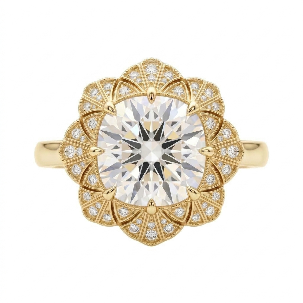 Overhead view of a 4 CT cushion cut lab grown diamond ring with a floral fan milgrain halo in yellow gold.