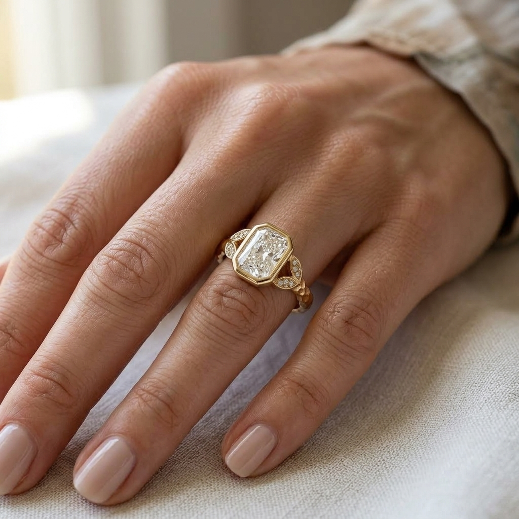 On-hand view of a 3 CT radiant cut lab diamond bezel engagement ring in yellow gold with hammered finish.