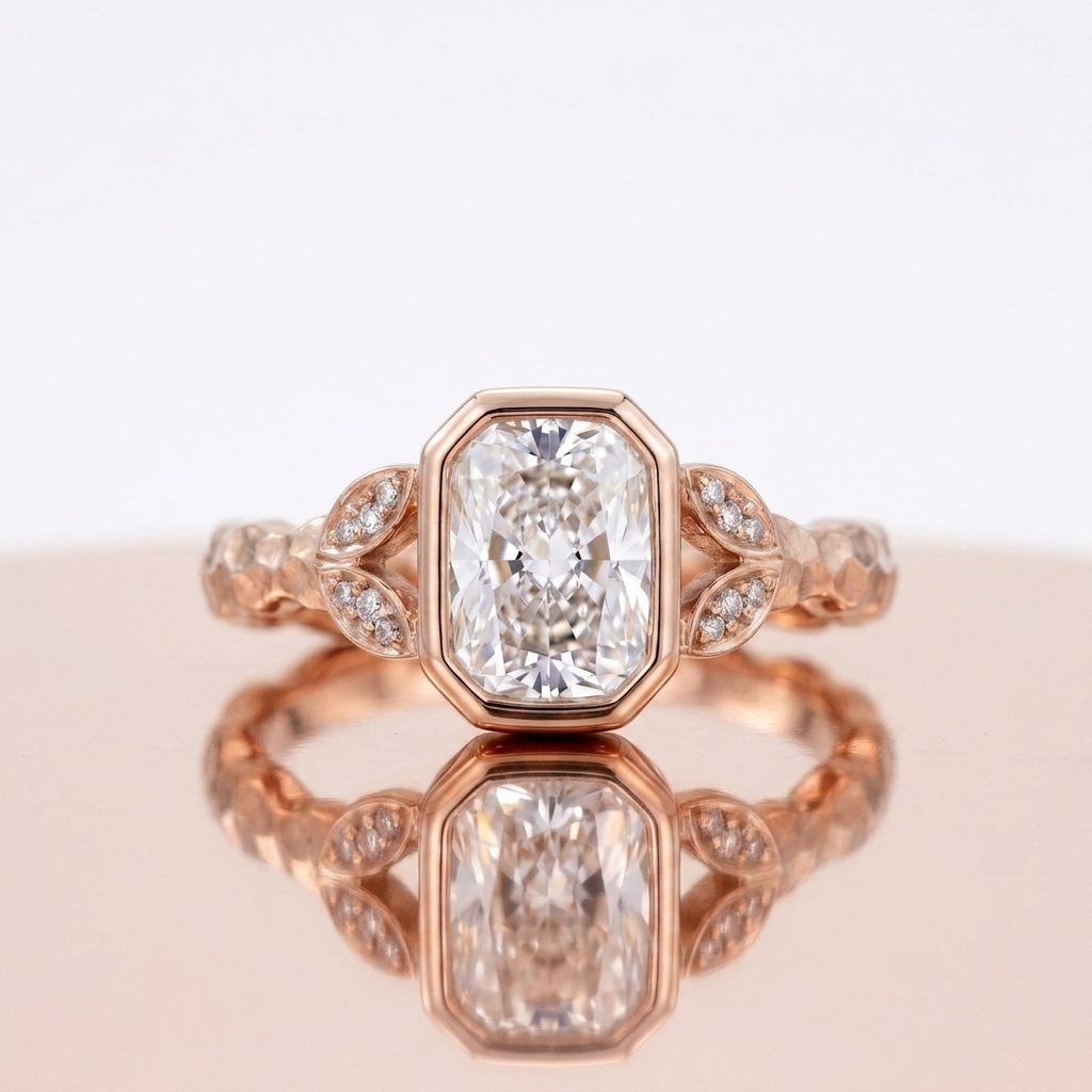 Front view of a 3 CT radiant cut lab grown diamond bezel ring with leaf accents in rose gold.