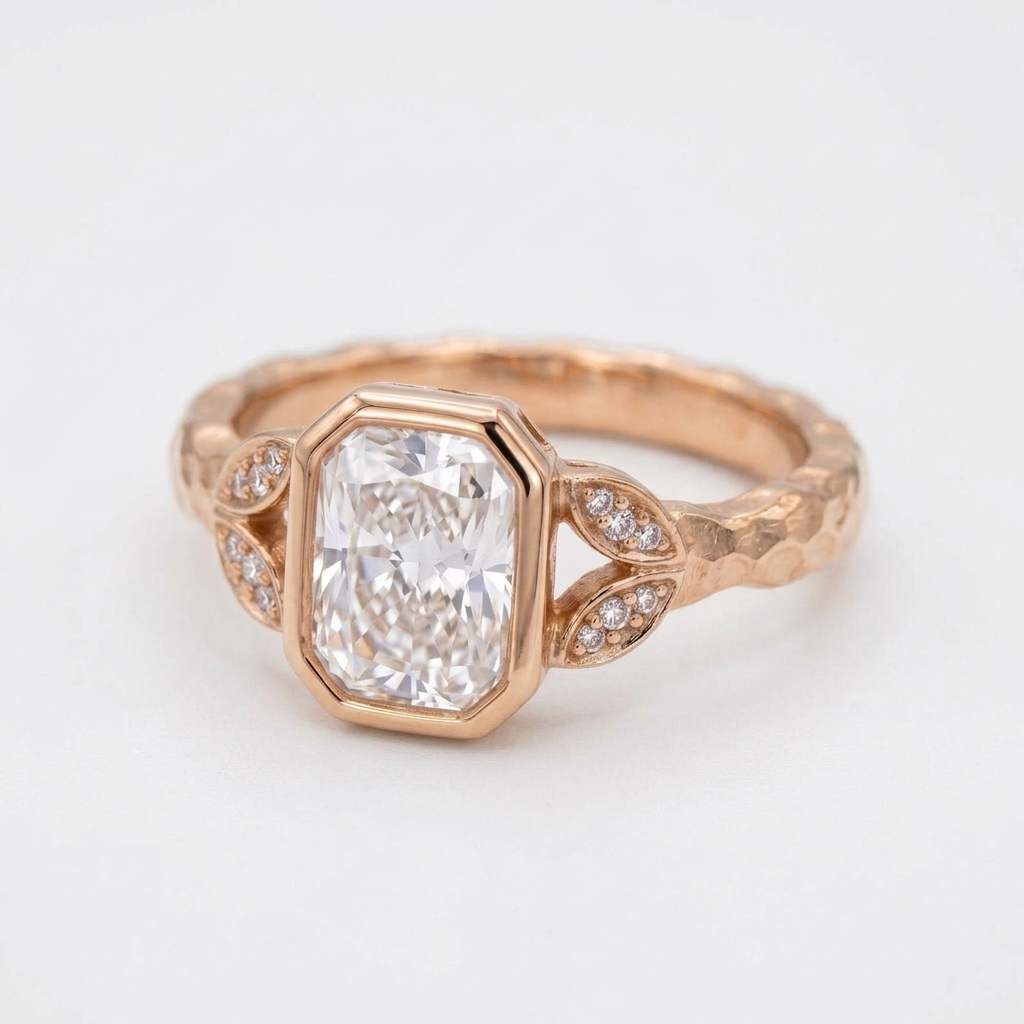 Angled perspective of a 3 CT radiant cut lab diamond bezel engagement ring in rose gold.