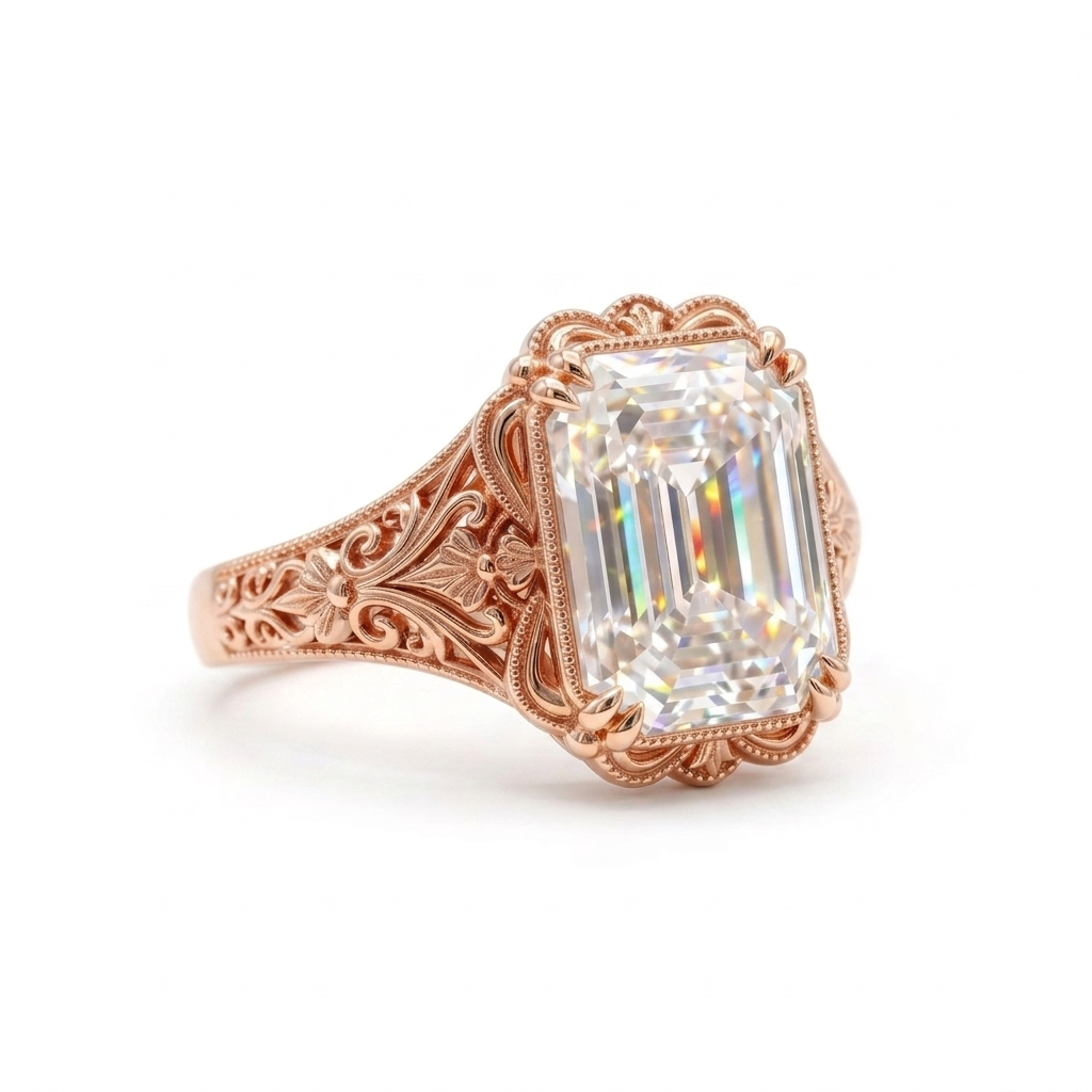 Angled side profile of a 5 CT emerald cut lab grown diamond ring in rose gold featuring intricate floral filigree band and milgrain halo border.