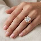 Direct top-down view of a 5 CT emerald cut lab grown diamond rose gold filigree ring worn on finger.