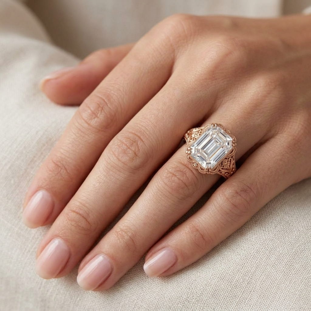 Direct top-down view of a 5 CT emerald cut lab grown diamond rose gold filigree ring worn on finger.