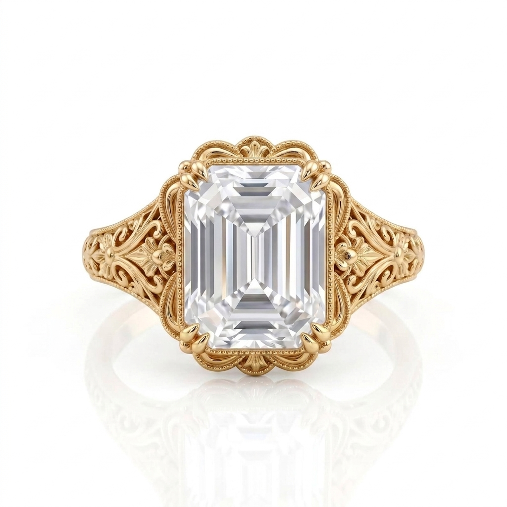 Overhead top view of a 5 CT emerald cut lab diamond ring set in yellow gold with scalloped milgrain bezel and filigree shoulders.
