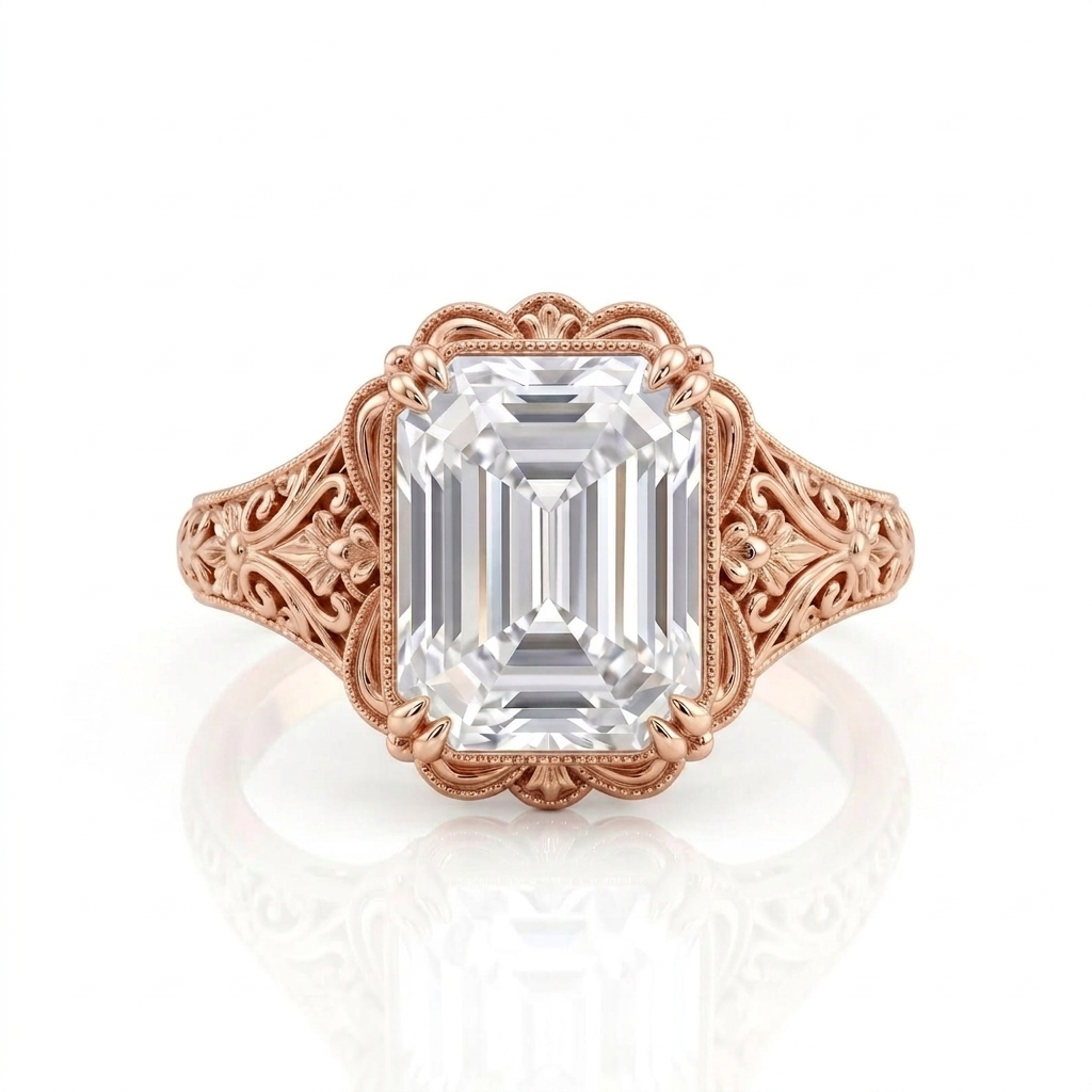 Direct top view of a 5 CT emerald cut lab grown diamond engagement ring in rose gold with vintage floral filigree shoulders.