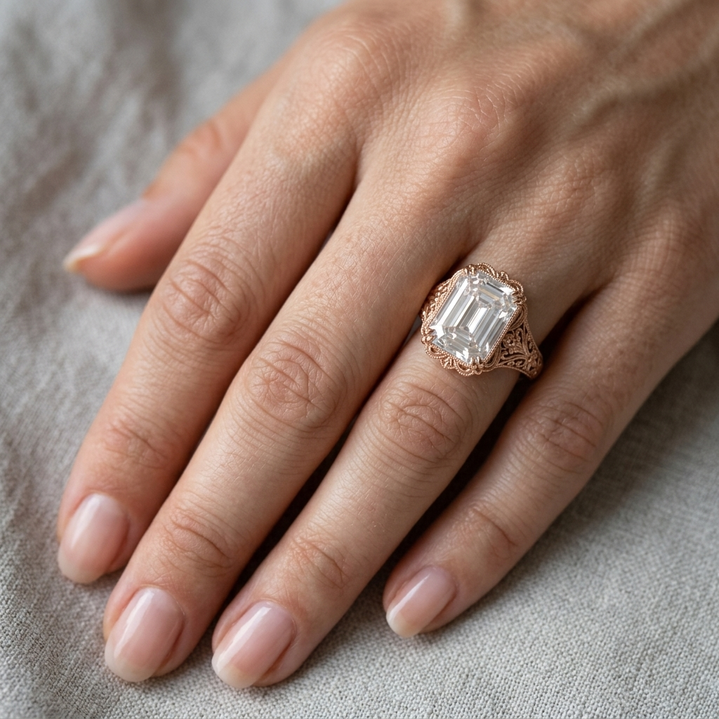 On-hand view of a 5 CT emerald cut lab grown diamond vintage filigree ring in rose gold.