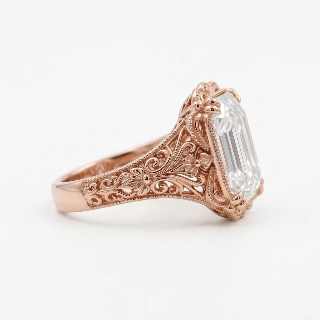 Detailed side view of a 5 CT emerald cut lab diamond engagement ring in rose gold showcasing fine filigree carving.