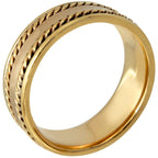 Men's yellow gold ring with braided rope edges and a smooth matte center band displayed at an angle.