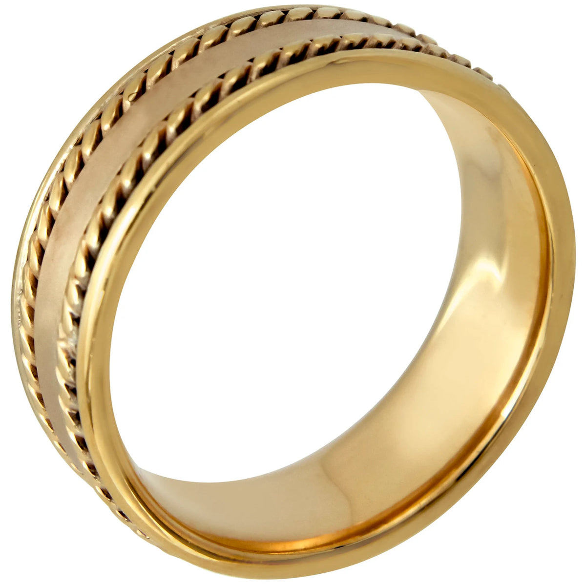 Men's yellow gold ring with braided rope edges and a smooth matte center band displayed at an angle.