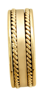 Close-up front profile view of men's yellow gold band showing dual twisted rope borders and satin center finish.