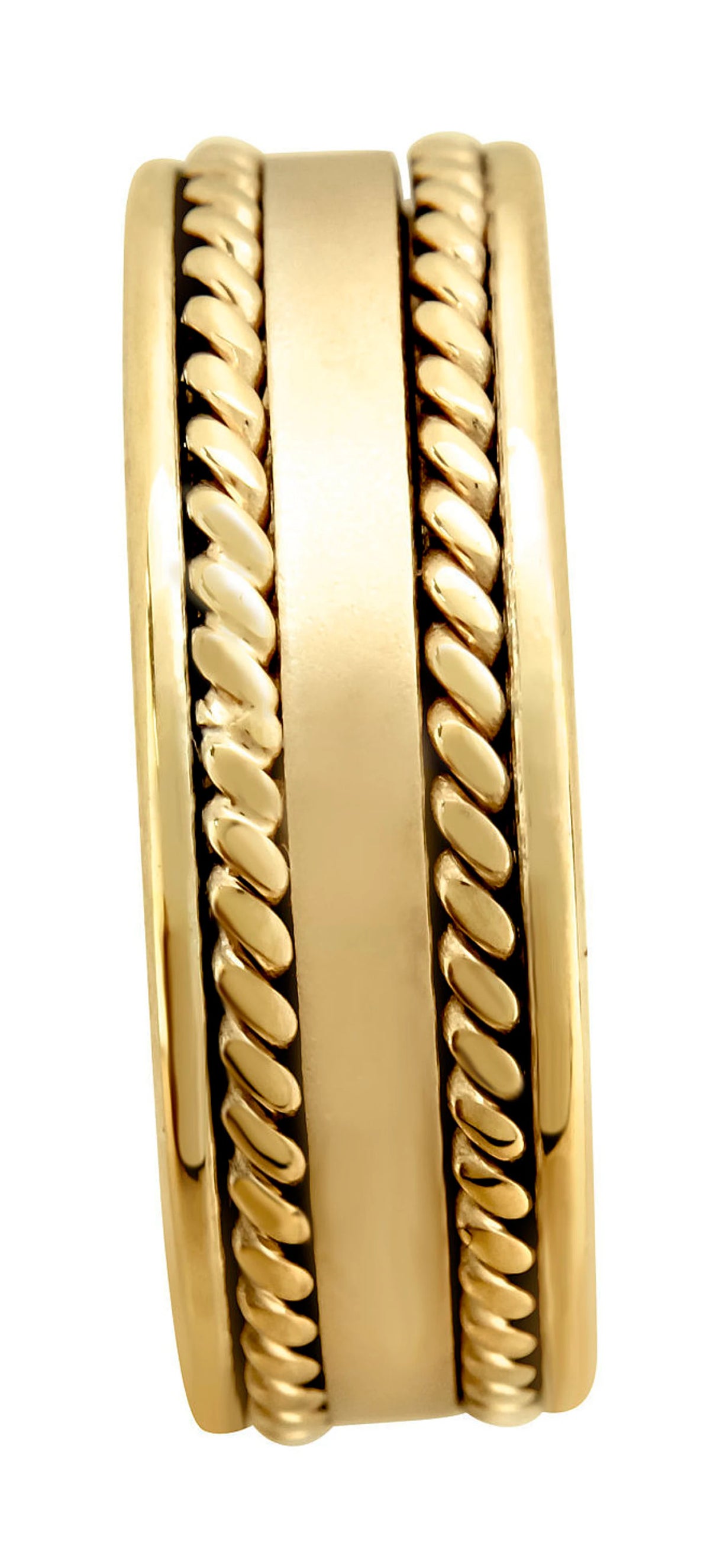 Close-up front profile view of men's yellow gold band showing dual twisted rope borders and satin center finish.