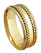 Side view of men's solid yellow gold ring highlighting comfort-fit interior contour and braided rope accents.