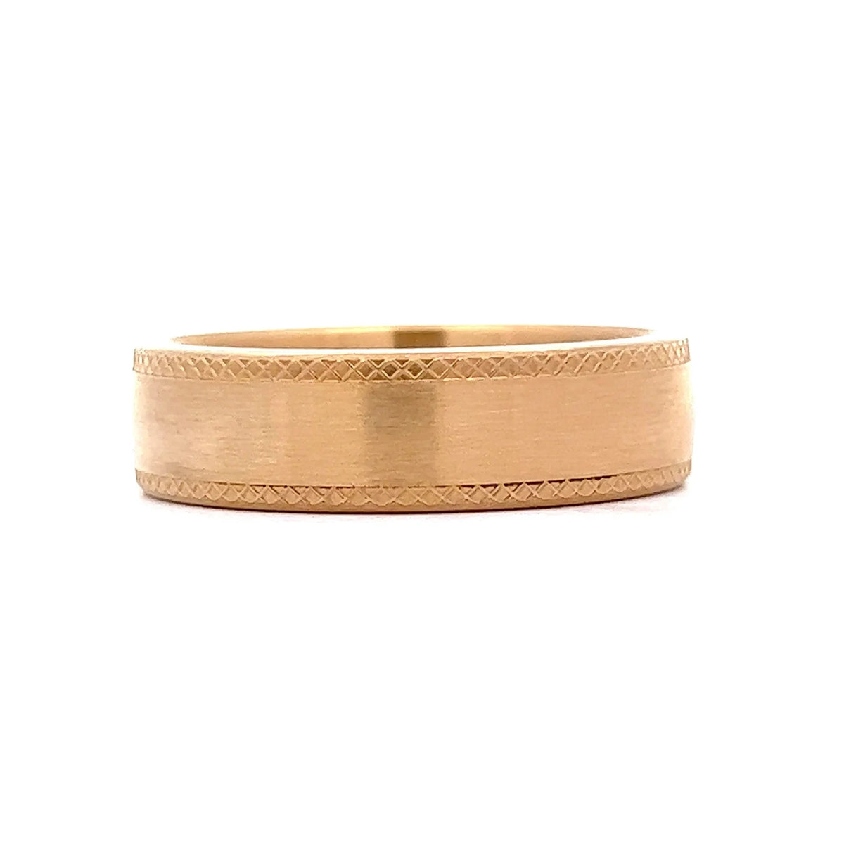 Front view of men's brushed gold wedding band featuring diamond-cut textured edges