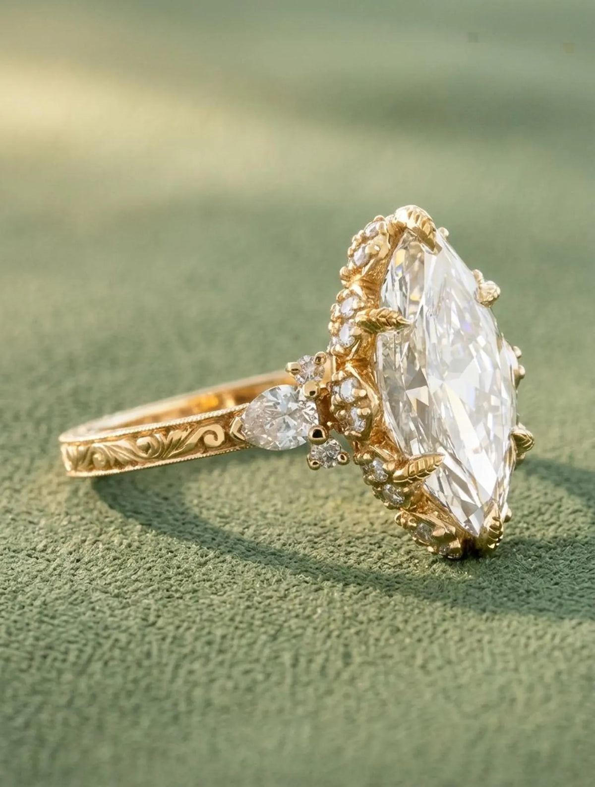 Angled side view of a 4 CT marquise cut lab grown diamond ring with pear-cut side accent diamonds and sculpted claw prongs.