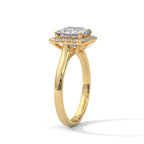 Three-quarter side angle of a 3 CT princess cut lab grown diamond engagement ring in yellow gold showing the under-halo setting.