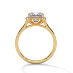 Direct side profile of a 3 CT princess cut lab grown diamond engagement ring showing the cathedral arch and halo basket.