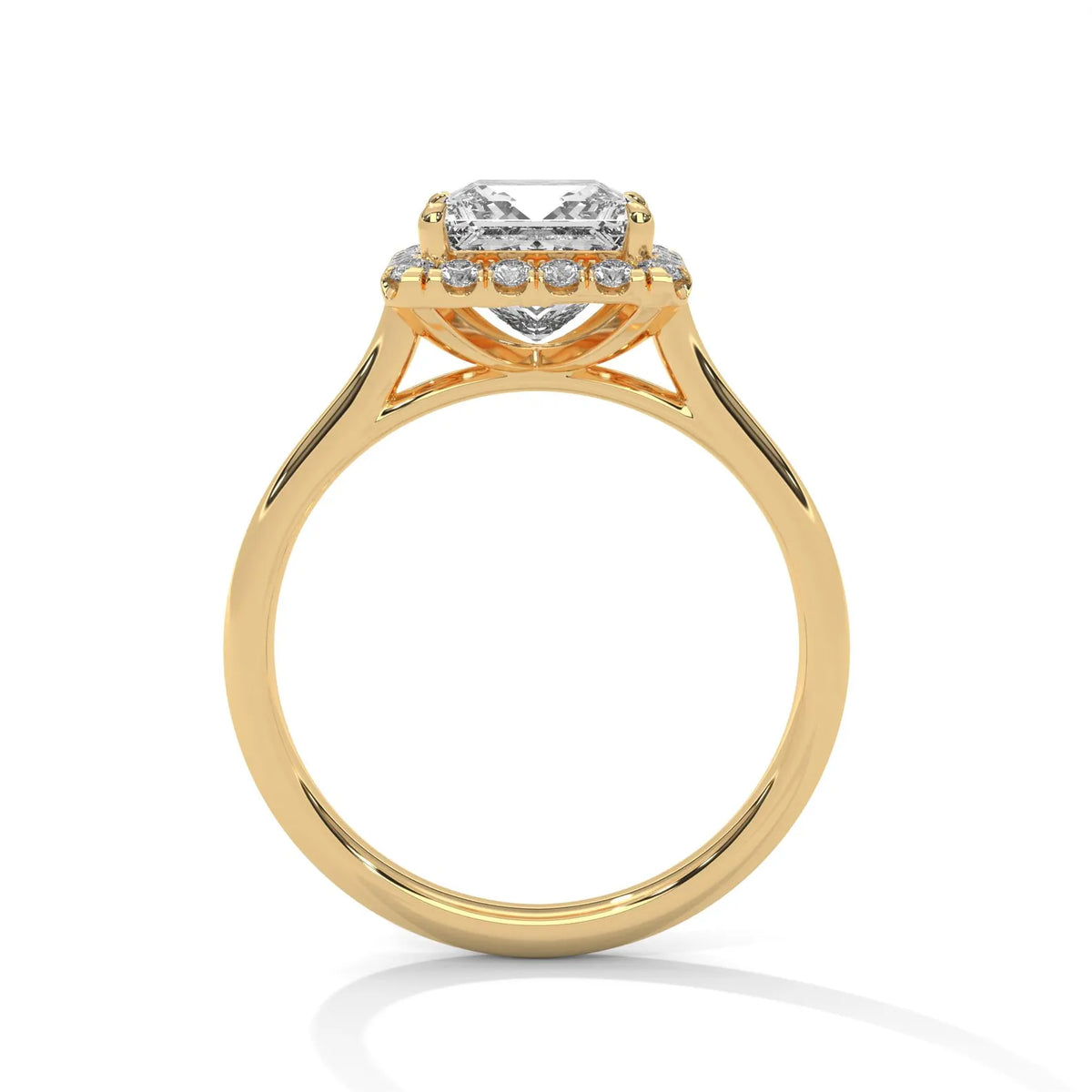 Direct side profile of a 3 CT princess cut lab grown diamond engagement ring showing the cathedral arch and halo basket.