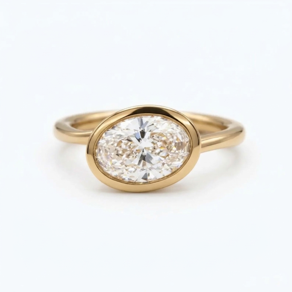 Top-down view of a 2 CT horizontal oval cut lab grown diamond solitaire set in a solid gold bezel frame.