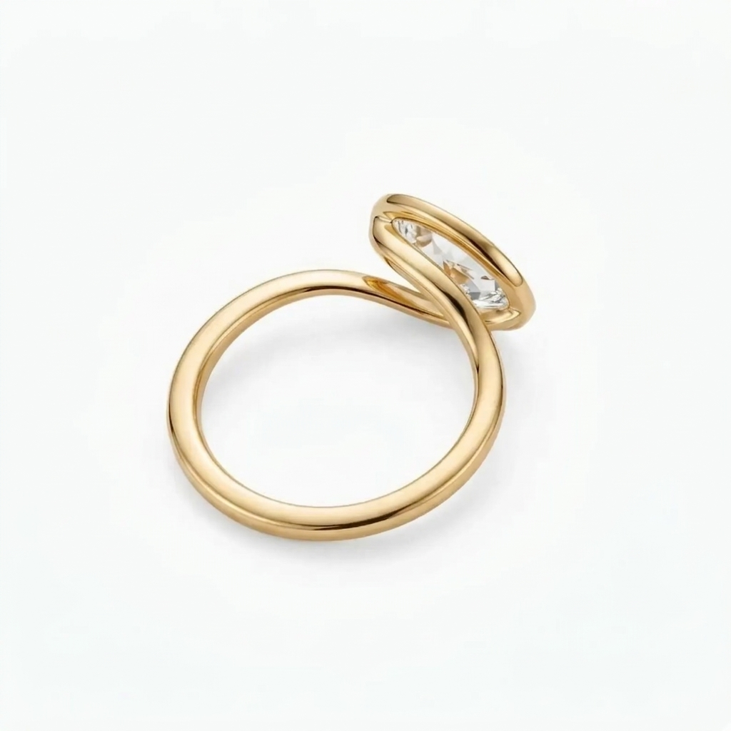 Side profile view of a modern 2 CT east-west oval lab diamond engagement ring showing the smooth bezel setting and rounded gold band.