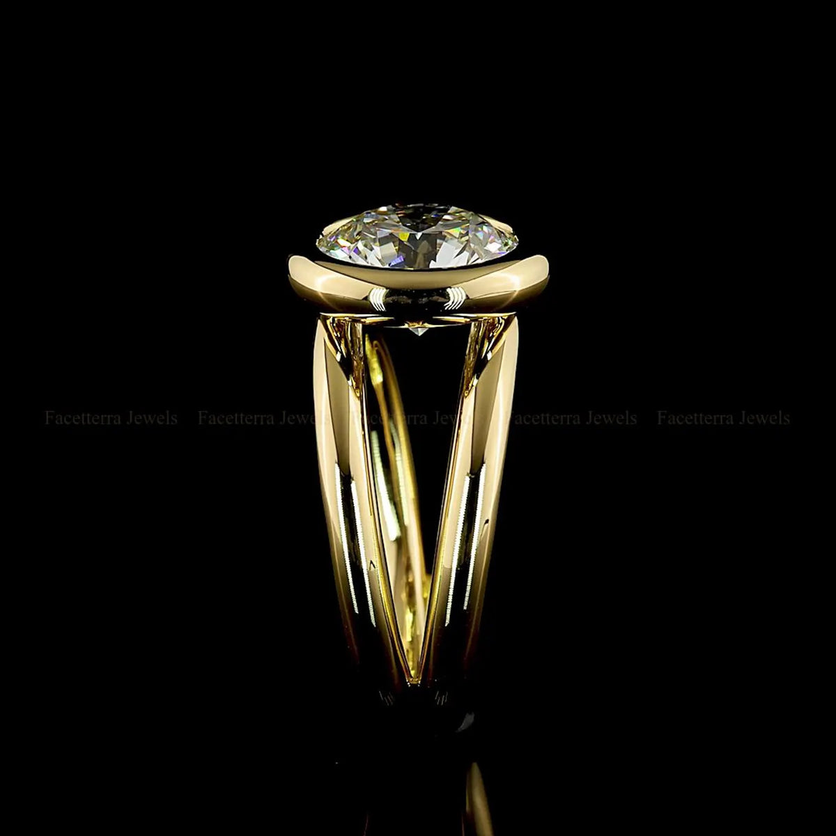 Side profile view of a 4 CT round cut lab grown diamond engagement ring with a modern yellow gold bezel setting and split shank design.
