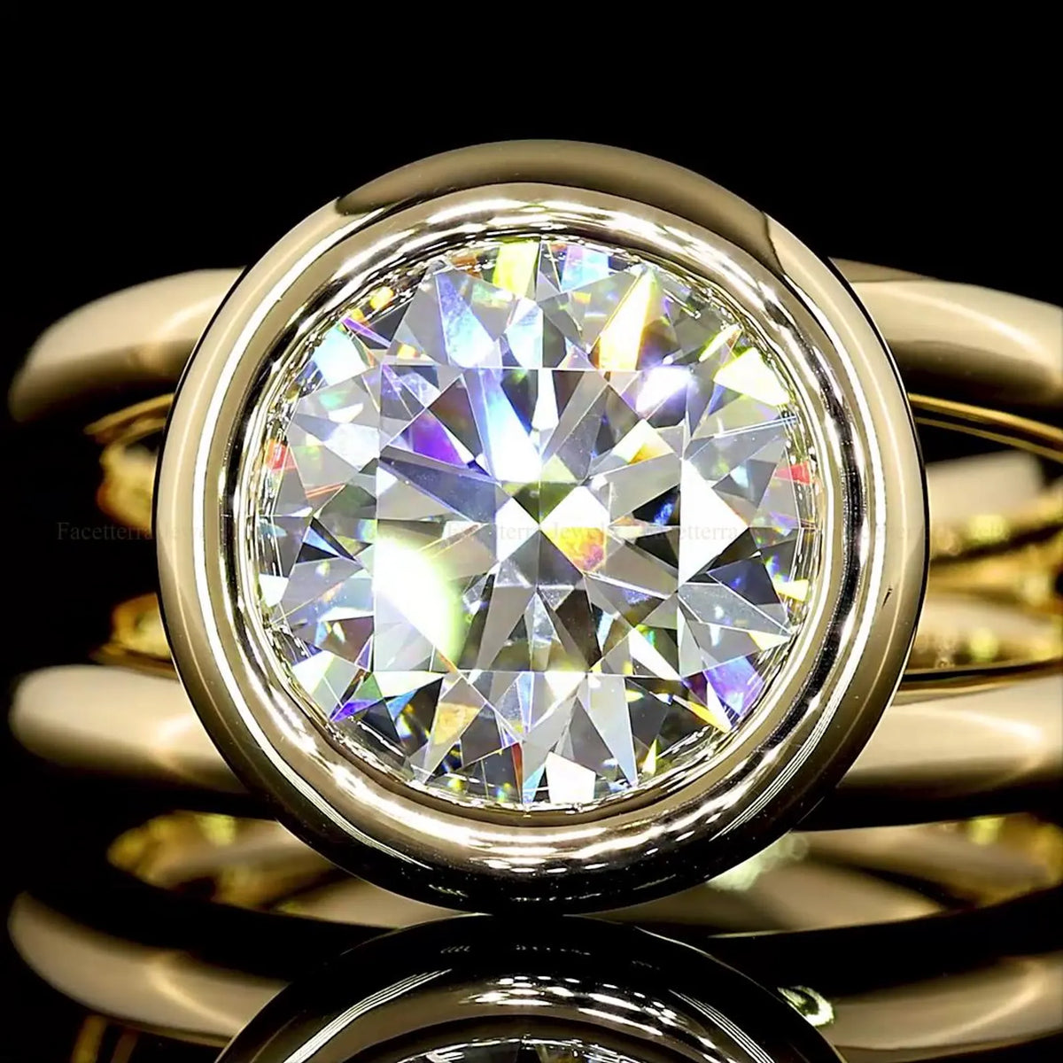 Extreme close-up of a 4 CT brilliant round cut lab grown diamond encased in a thick yellow gold full bezel frame.