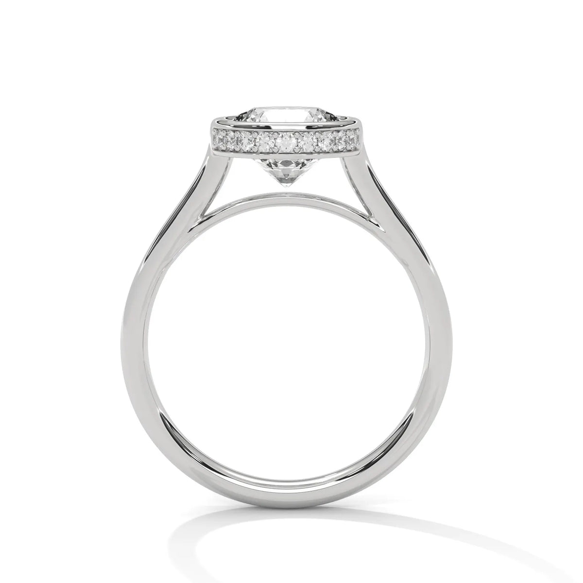 Full side profile view highlighting the elevated cathedral arch architecture and diamond rim accent of a 3 CT round solitaire ring.