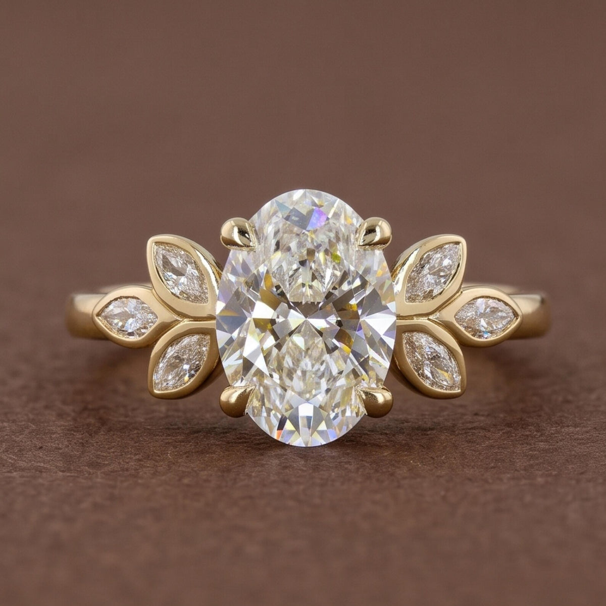 Front studio view of a 3 CT oval cut lab grown diamond engagement ring with marquise leaf side clusters in yellow gold.
